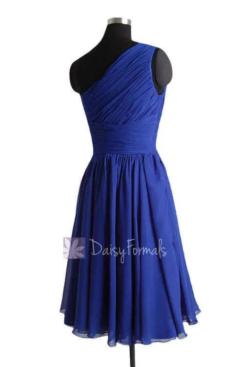 Short Pleated One Shoulder Chiffon Party Dress Blue Short Bridesmaids Dress (BM351)