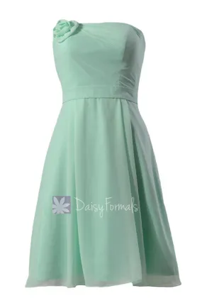 Short Strapless Chiffon Bridesmaid Dress Mint Formal Dress w/ Flowers(BM268A)