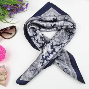 Small Square Silk Satin Scarf Navy Theme Paisley Pattern XFJ206