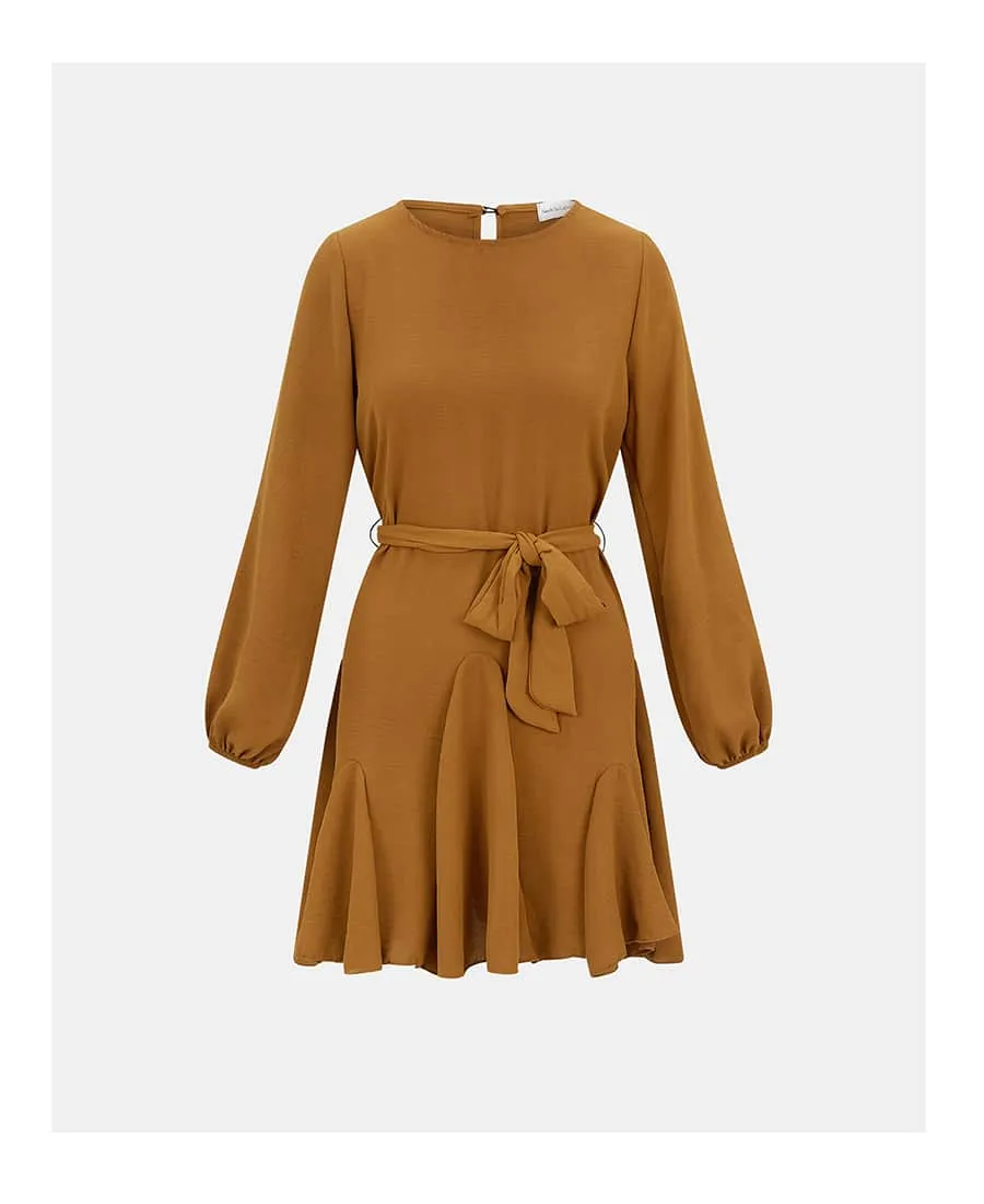 Tan Crepe Belted Fit and Flare Dress