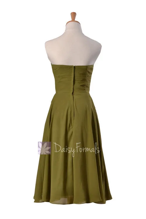 Tea Length Dark Olive Bridesmaid Dress Sweetheart Chiffon Party Dress(BM8487T)