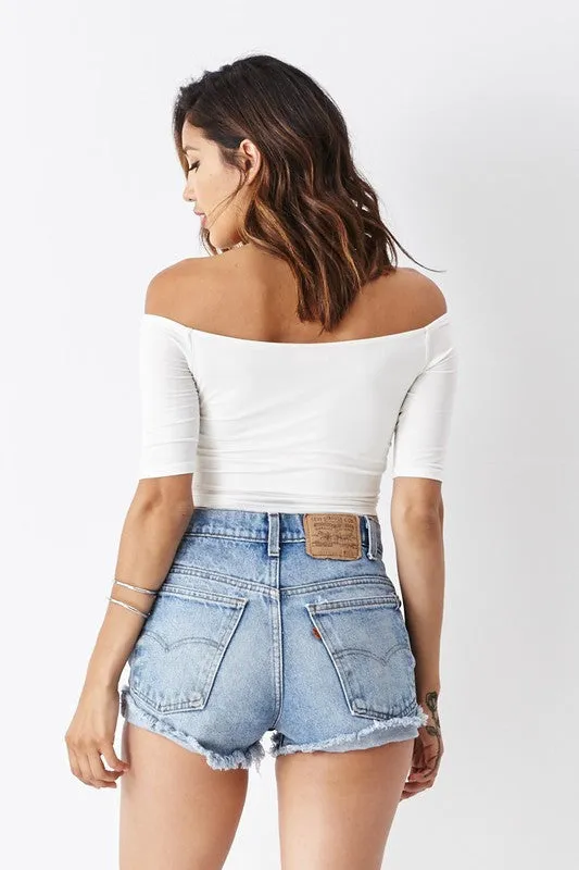 THE MYSTYLEMODE IVORY OFF THE SHOULDER 3/4 SLEEVE DOUBLE LINED CROP TOP