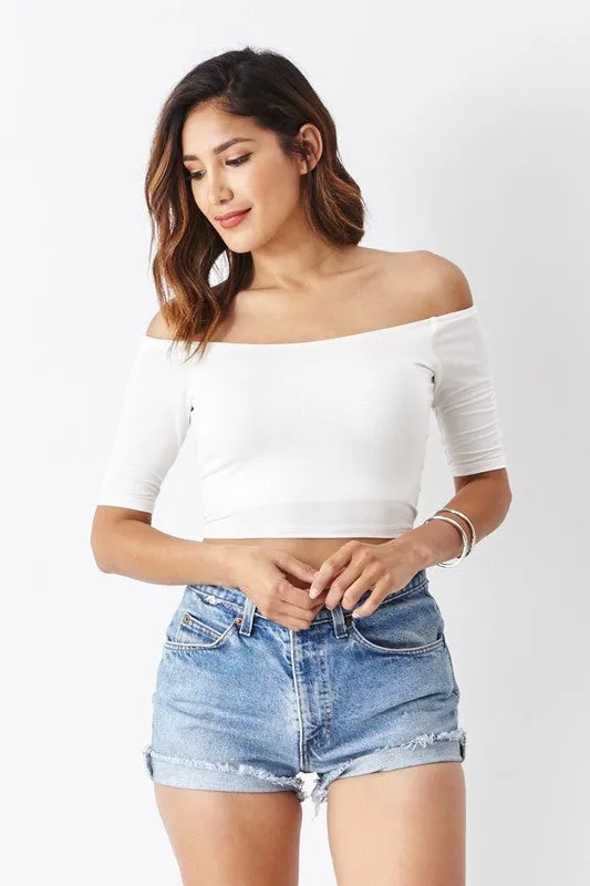 THE MYSTYLEMODE IVORY OFF THE SHOULDER 3/4 SLEEVE DOUBLE LINED CROP TOP