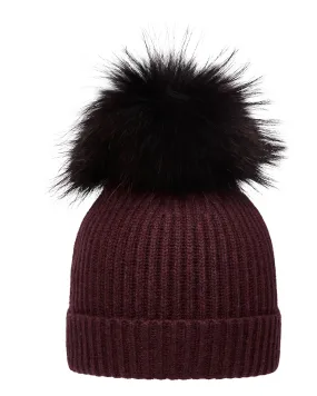 Unisex Ribbed Cashmere Hat With Detachable Pom Claret Red