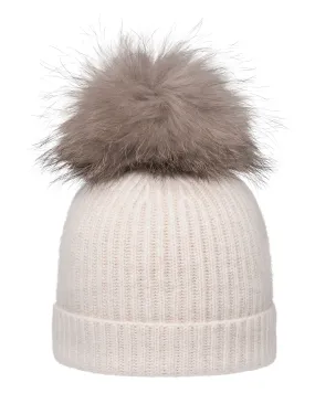 Unisex Ribbed Cashmere Hat With Detachable Pom Frost White