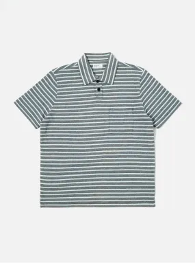 Universal Works Newlyn Polo in Indigo Textured Knit Stripe