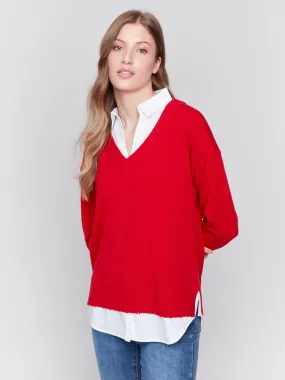 V-Neck Fooler Sweater with Shirt Collar - Cranberry