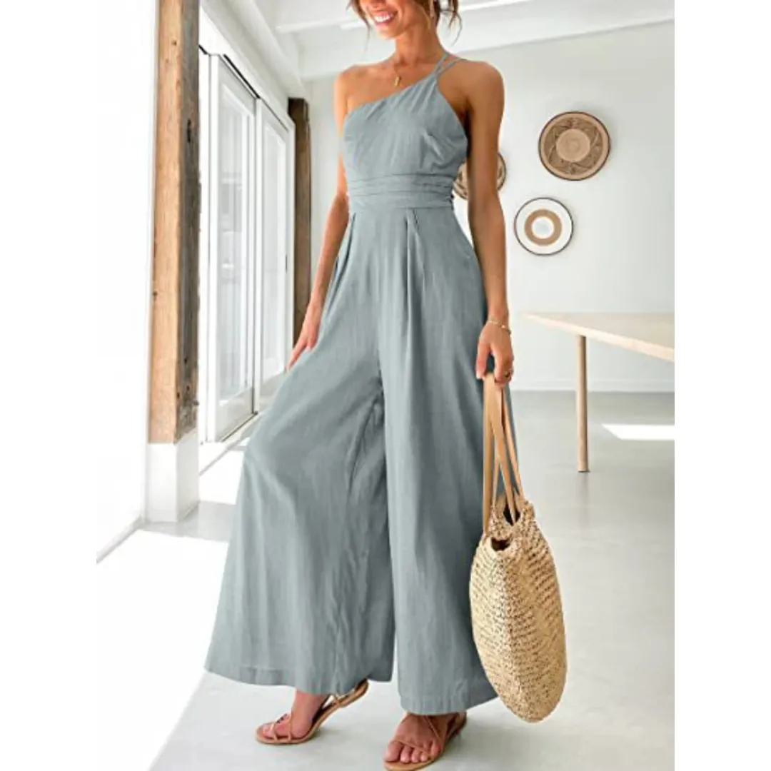 Wide Leg Backless Women's Jumpsuit, Cotton Linen, High Waist, Solid Color