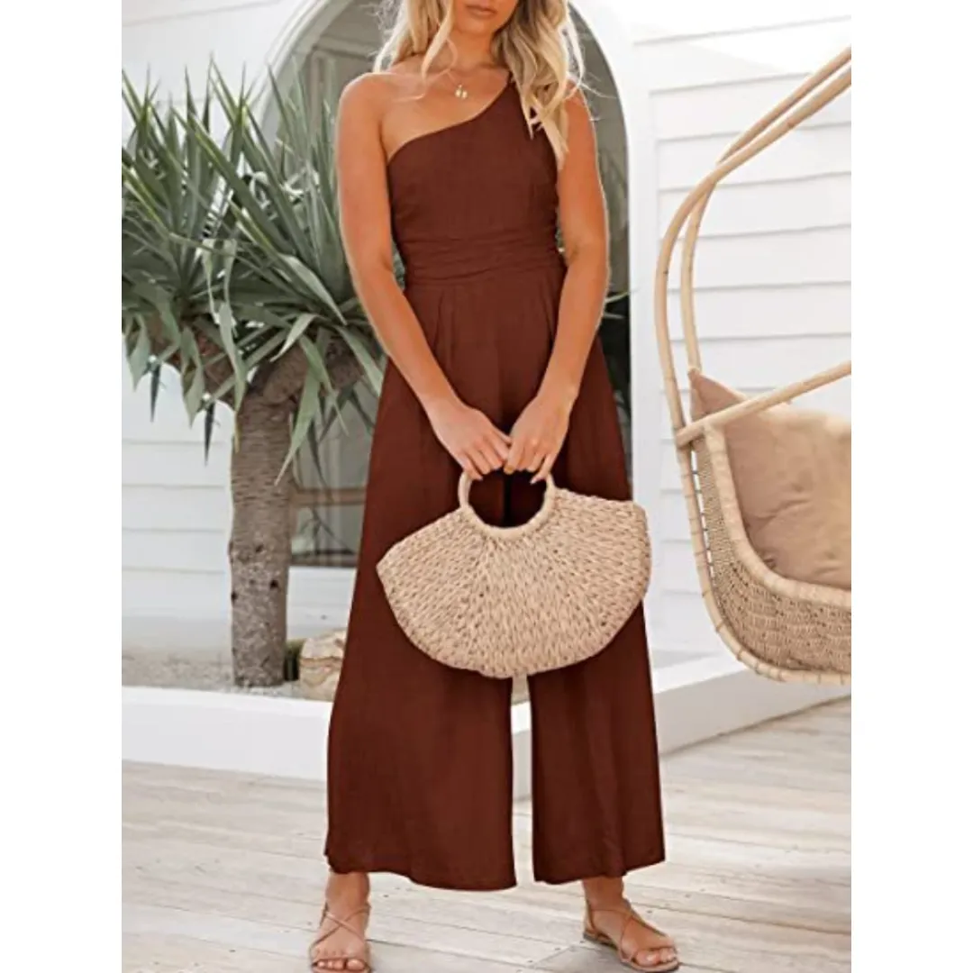 Wide Leg Backless Women's Jumpsuit, Cotton Linen, High Waist, Solid Color